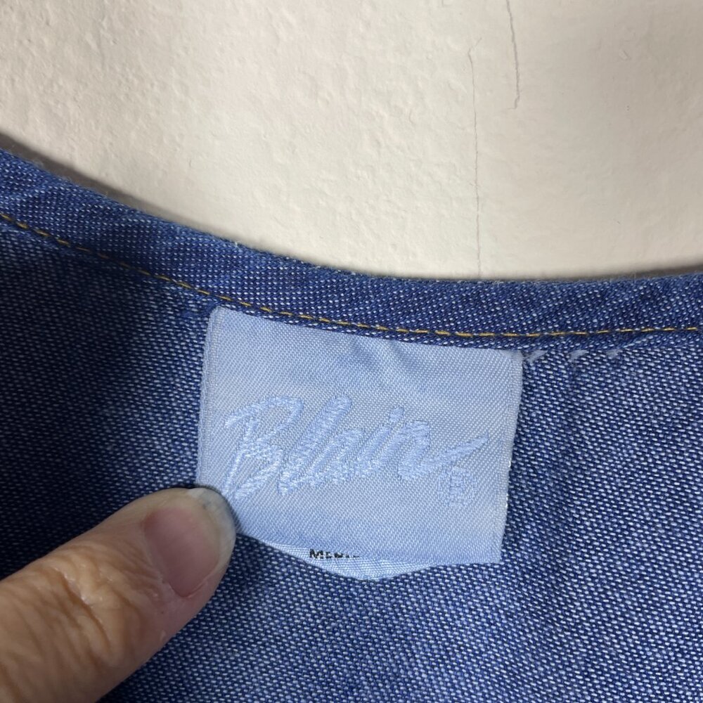 Vintage 90s Blair Denim Maxi Dress Floral Embroidery Button Front A-Line Medium! - Picture 5 of 8